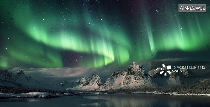 【AI数字艺术】3D渲染北极光与雪山背景图片素材
