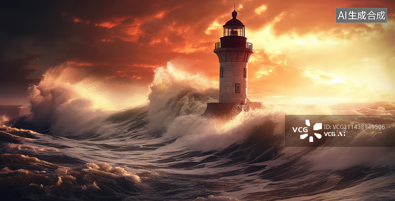 【AI数字艺术】大风大浪里的灯塔图片素材