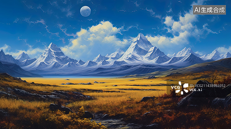 【AI数字艺术】水彩风格雪山蓝天白云草地图图片素材