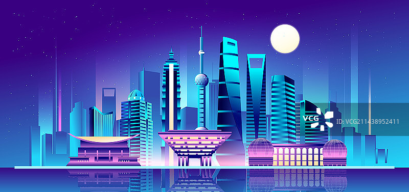 上海城市地标建筑炫彩渐变矢量插画海报图片素材