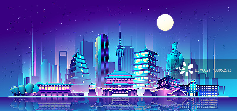 西安城市地标建筑炫彩渐变矢量插画海报图片素材