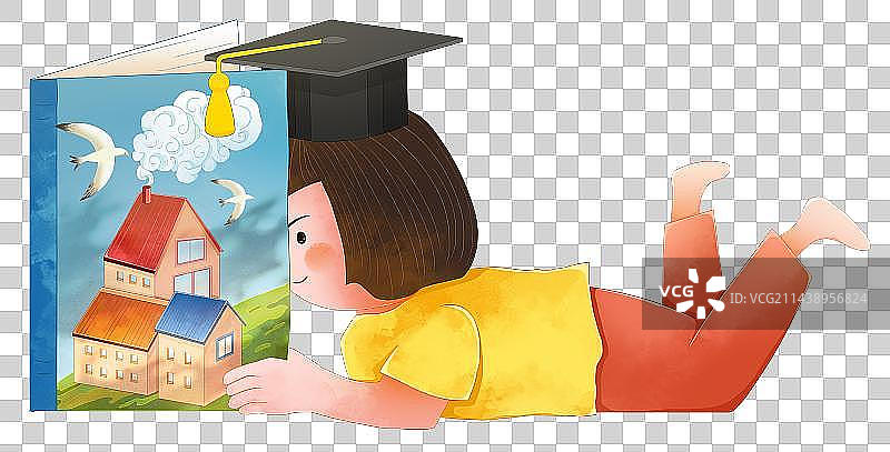 趴着看图画书戴着学士帽的小女孩图片素材