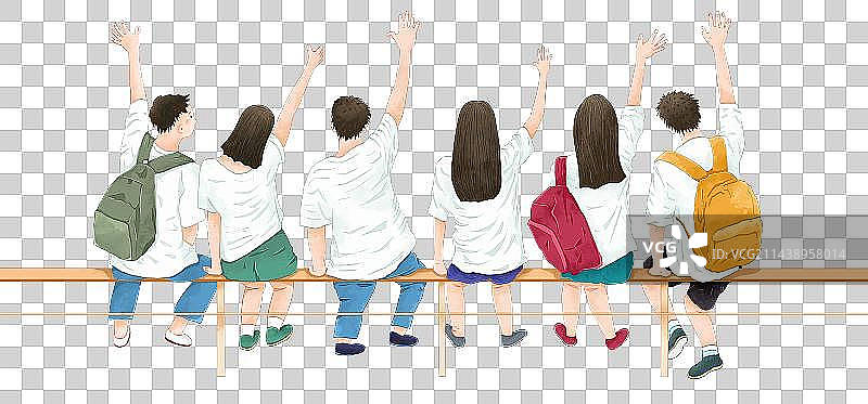 一群高考结束后的年轻人坐在操场上的长椅上，朝着前方挥手图片素材