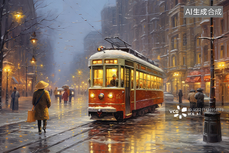 【AI数字艺术】城市的公共交通油画图片素材