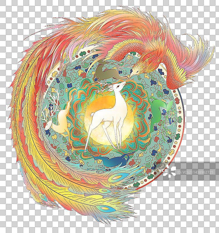 敦煌壁画神秘的九色鹿与凤凰于飞图腾国潮风装饰插画图片素材