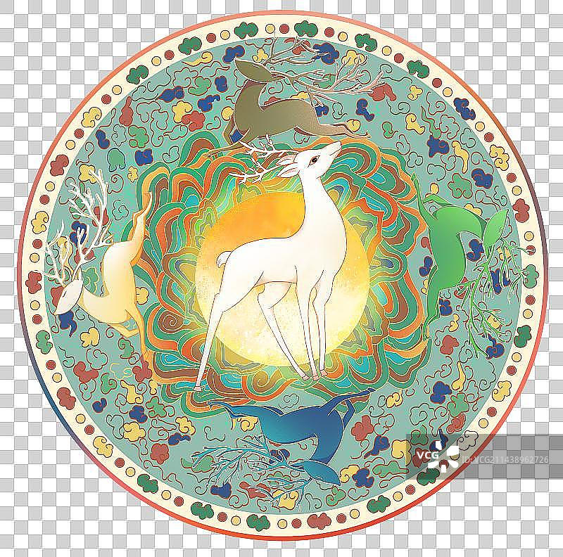敦煌壁画神秘的九色鹿图腾国潮风装饰插画图片素材