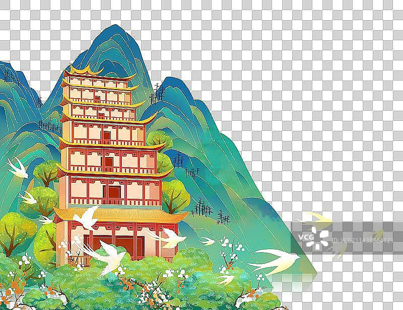 甘肃敦煌莫高窟建筑 绿色山水国潮风插画图片素材