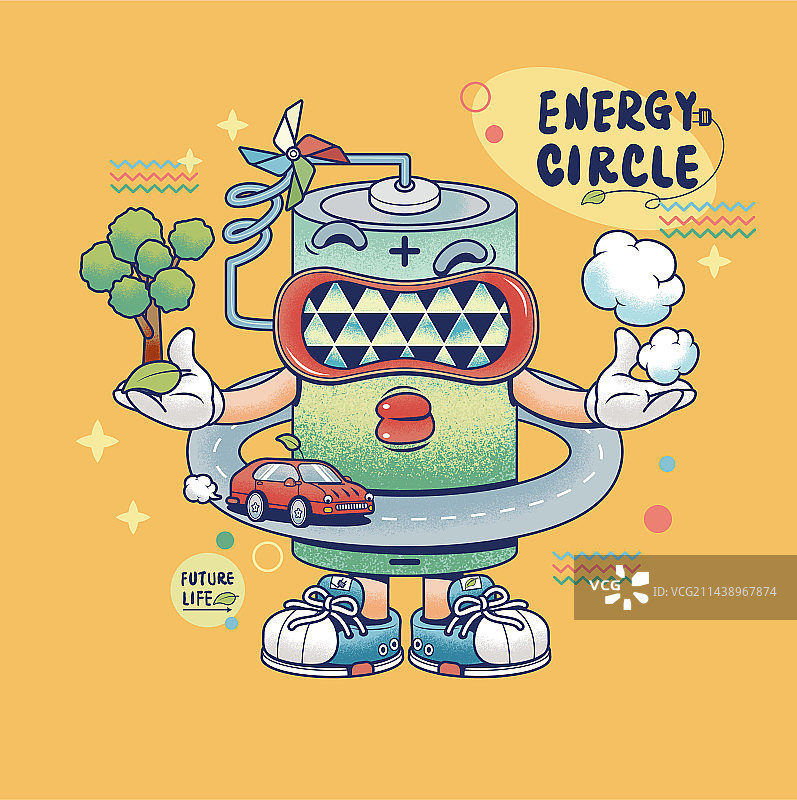 太阳能拟人自充电电池潮流插画图片素材