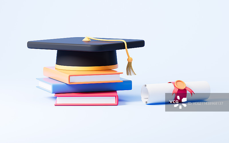 卡通毕业帽和书籍3D渲染图片素材