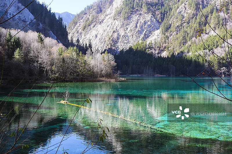 四川省阿坝藏族羌族自治州九寨沟国家级自然保护区冬季晴天美丽风景图片素材