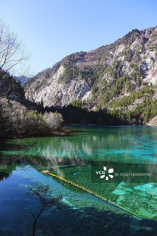 四川省阿坝藏族羌族自治州九寨沟国家级自然保护区冬季晴天美丽风景图片素材