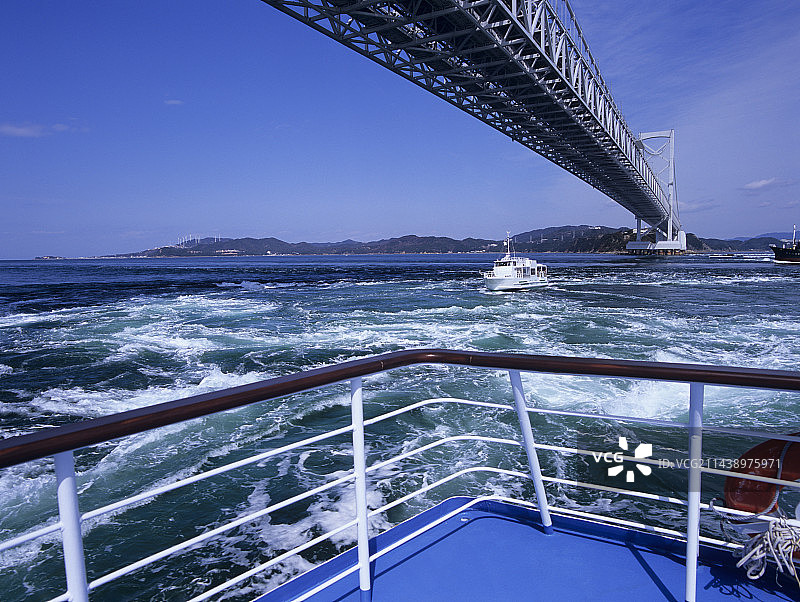 德岛县鸣门市的鸣门漩涡、游船和鸣门大桥图片素材