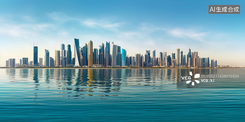 【AI数字艺术】3D渲染城市天际线水面倒影图片素材