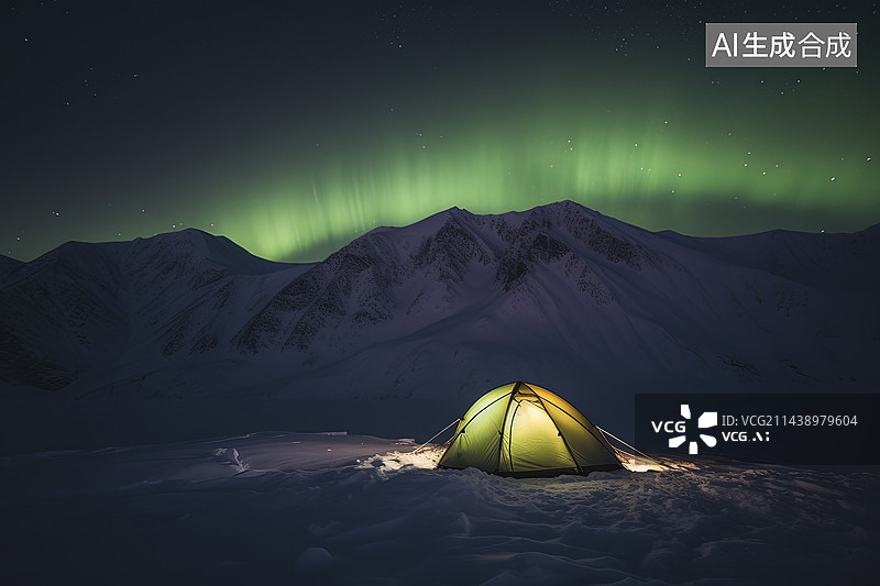 【AI数字艺术】雪山上的帐篷和极光图片素材