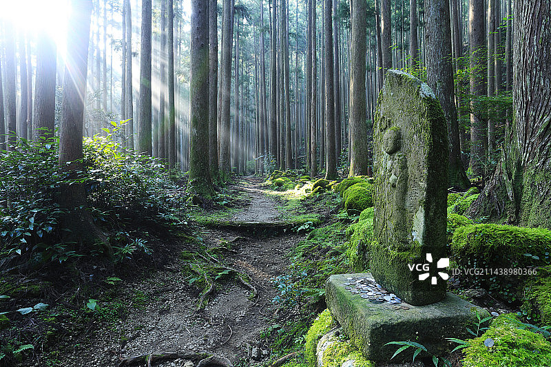 熊野古道地藏王菩萨与光束，日本和歌山县新宫市图片素材
