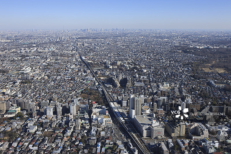从西池袋、晴空塔、新宿地区、小金井拍摄的武藏关站鸟瞰图，东京图片素材