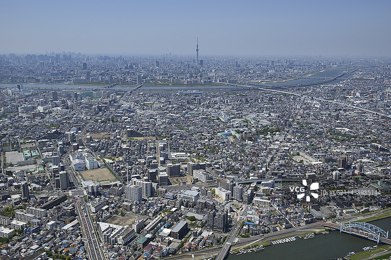 东京江户川区一之江站及晴空树区域东南侧航拍图片素材