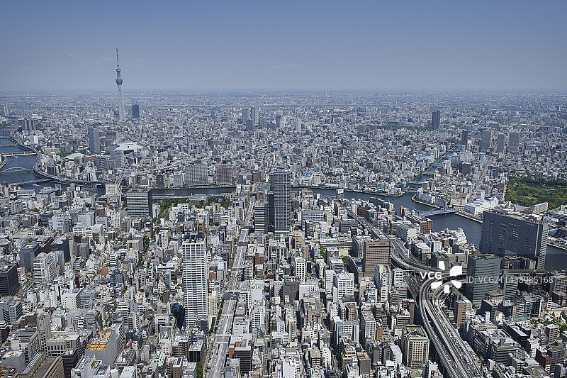 东京中央区水天宫前站至隅田川/天空树区域西南方向航拍图片素材