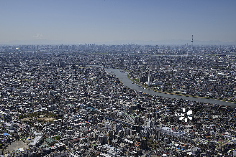 从东向西拍摄的行德站航拍景观，含晴空塔，千叶县市川市图片素材