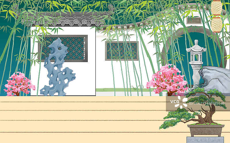 中式园林小景图片素材