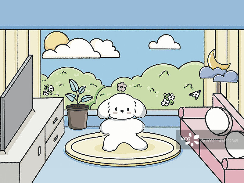 卡通线条小狗日常生活客厅瑜伽场景图片素材