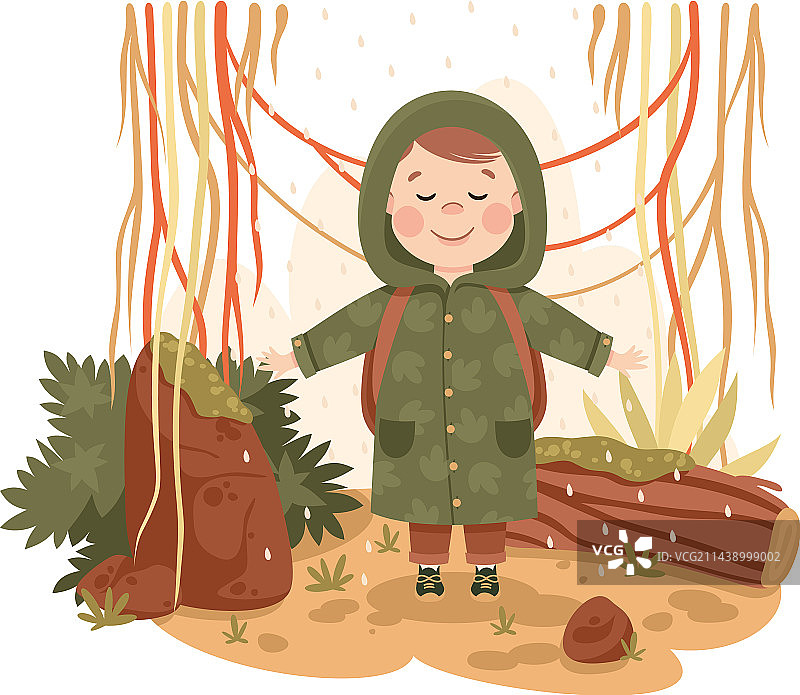 在丛林里享受雨水的小男孩图片素材