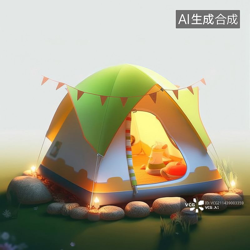 【AI数字艺术】绿色旅游圆顶露营帐篷。3d渲染图片素材