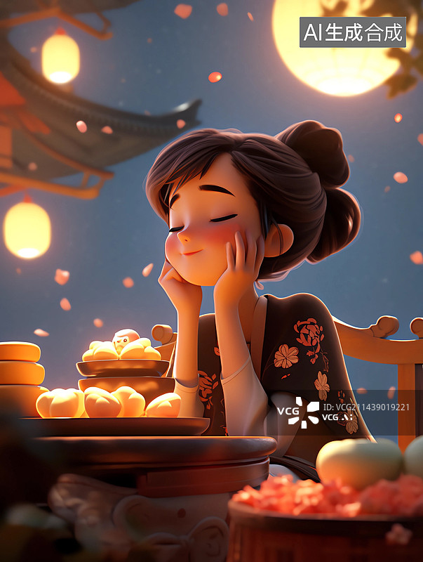 【AI数字艺术】中秋节女孩托腮坐在椅子上闭着眼睛图片素材