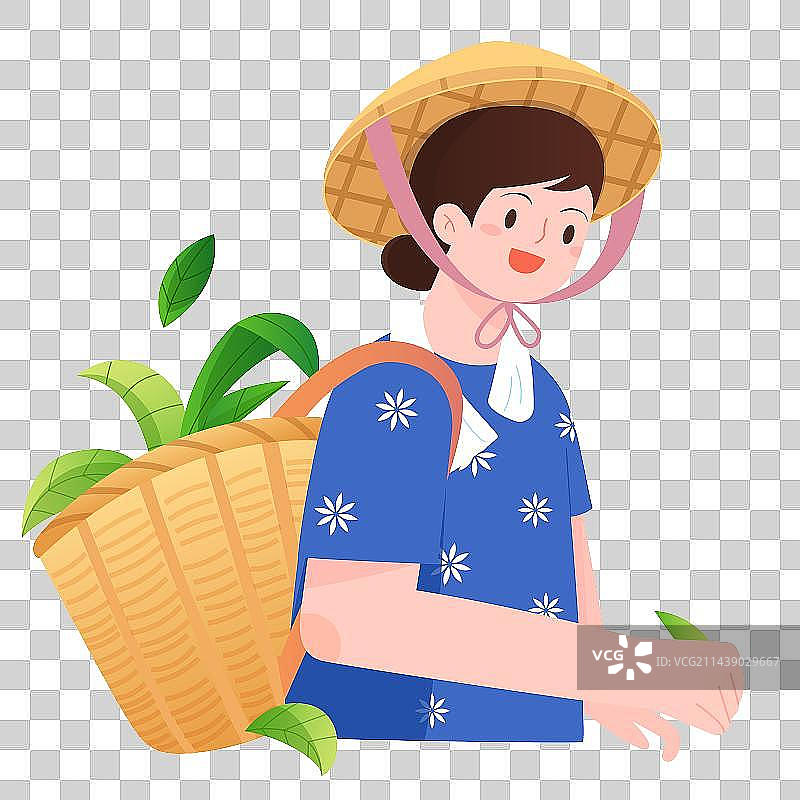 背着竹筐采茶的年轻女孩矢量插画元素图片素材