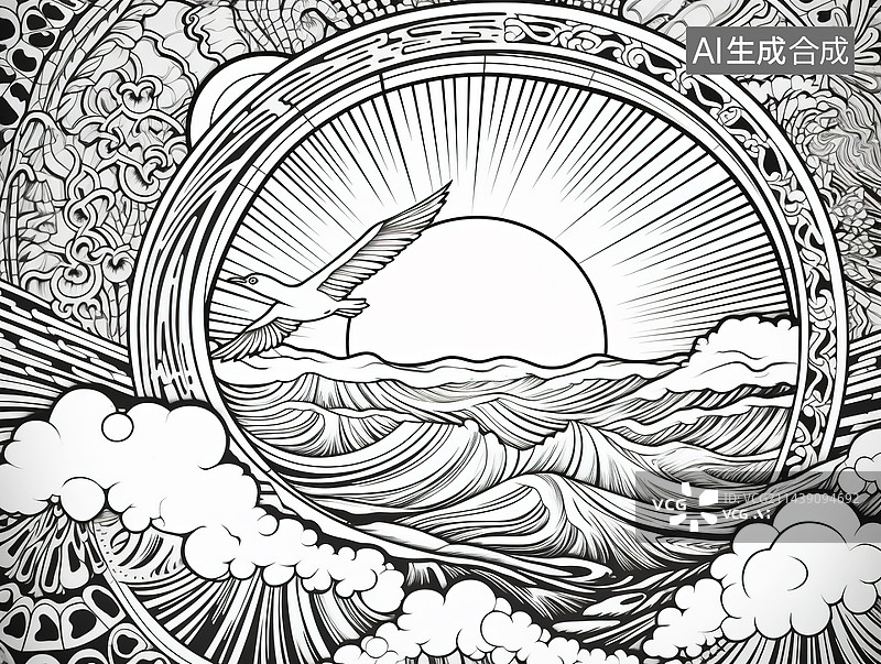 【AI数字艺术】美丽的海上风光线描图片素材