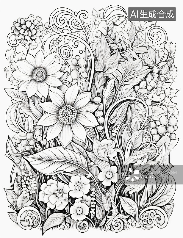 【AI数字艺术】花丛线稿涂画填色图案图片素材
