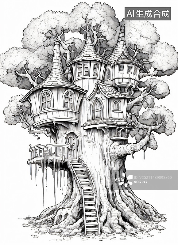 【AI数字艺术】树屋建筑线稿涂画填色图案图片素材