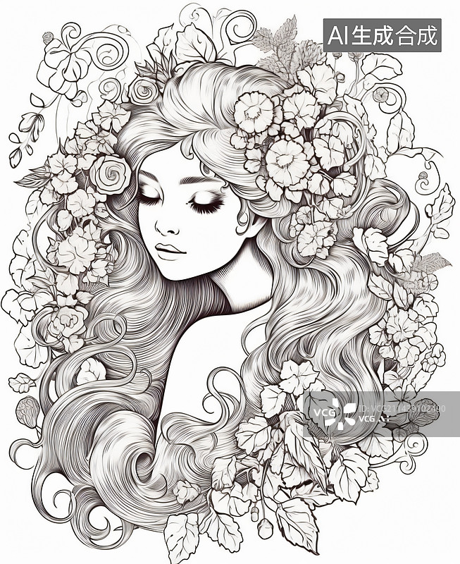 【AI数字艺术】卷发少女线稿涂画填色图案图片素材