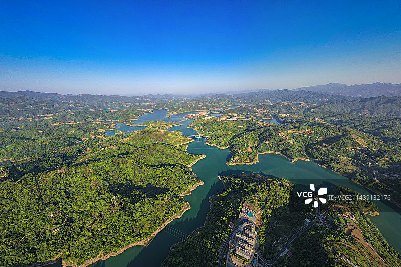 中国陕西省安康市汉滨区瀛湖景区航拍图片素材