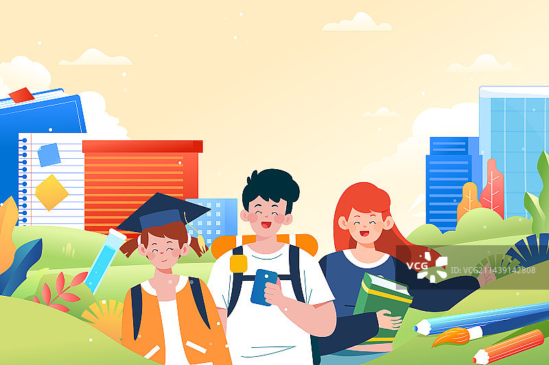 卡通在线网课互联网读书日学习课程暑期补习培训辅导班教育学生旅游出游教师节开学季新学期电商渐变矢量插画图片素材