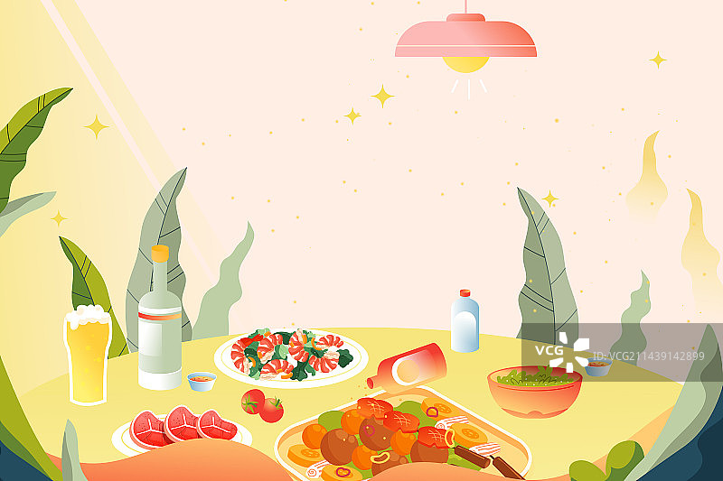 卡通夏季夏天暑假暑期大暑啤酒节吃饭聚餐美食小龙虾餐饮朋友聚会学生休闲娱乐电商促销优惠活动渐变矢量插画图片素材