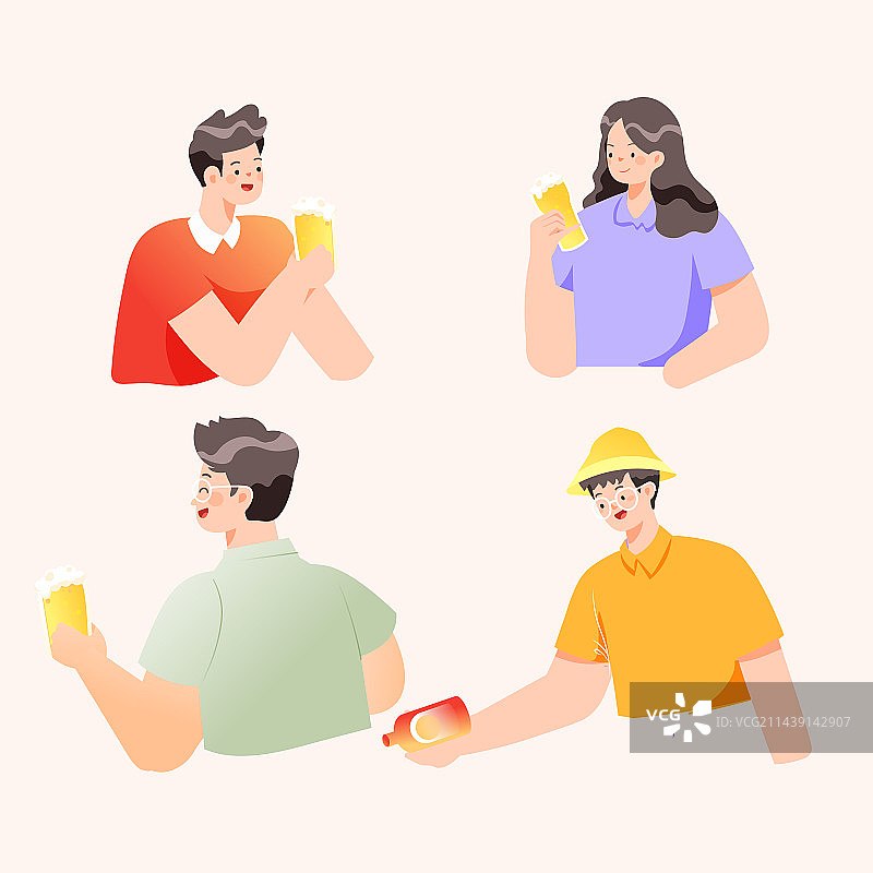 卡通夏季夏天暑假暑期大暑啤酒节吃饭聚餐美食小龙虾餐饮朋友聚会学生休闲娱乐电商促销优惠活动渐变矢量插画图片素材