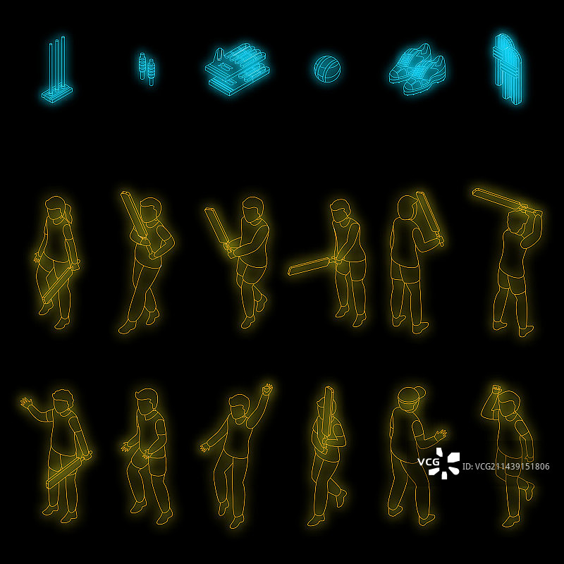 儿童打板球图标霓虹套装图片素材