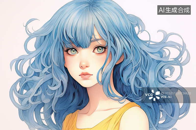 【AI数字艺术】蓝色头发的年轻女人图片素材