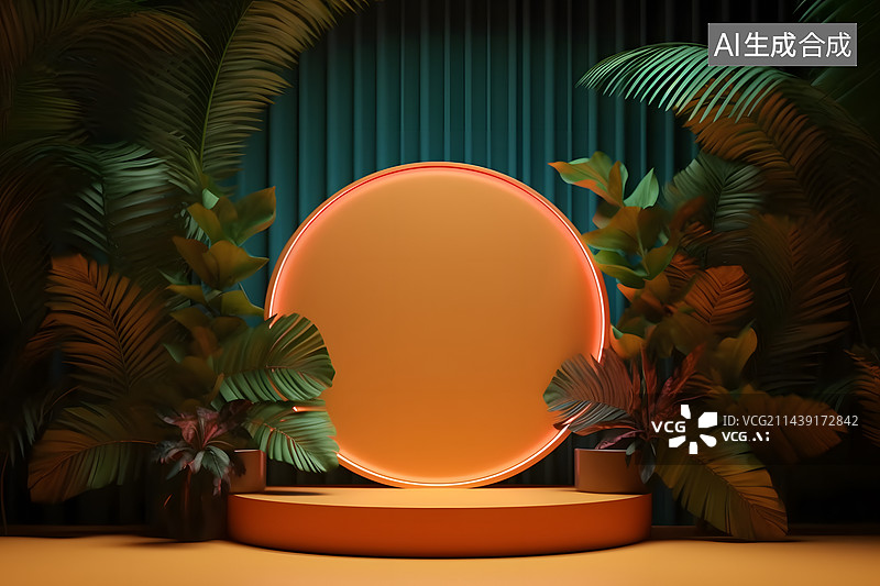 【AI数字艺术】3D展示台与绿色植物 3D渲染图片素材