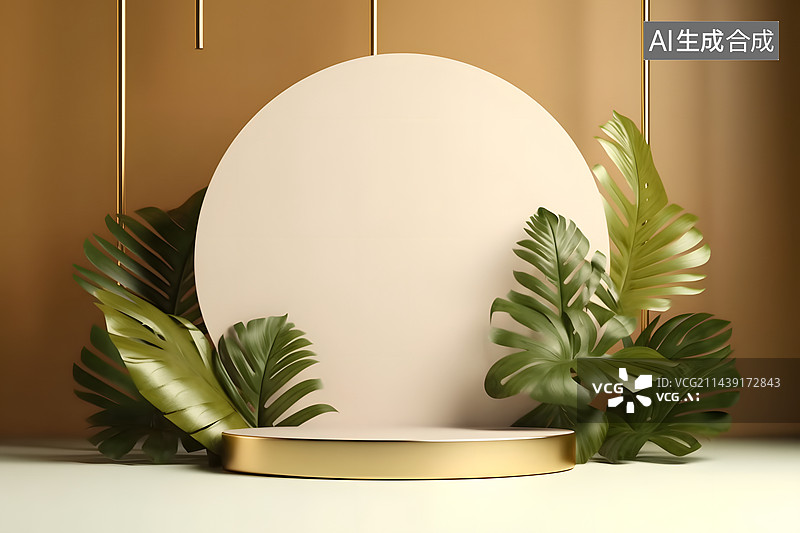 【AI数字艺术】3D展示台与绿色植物 3D渲染图片素材