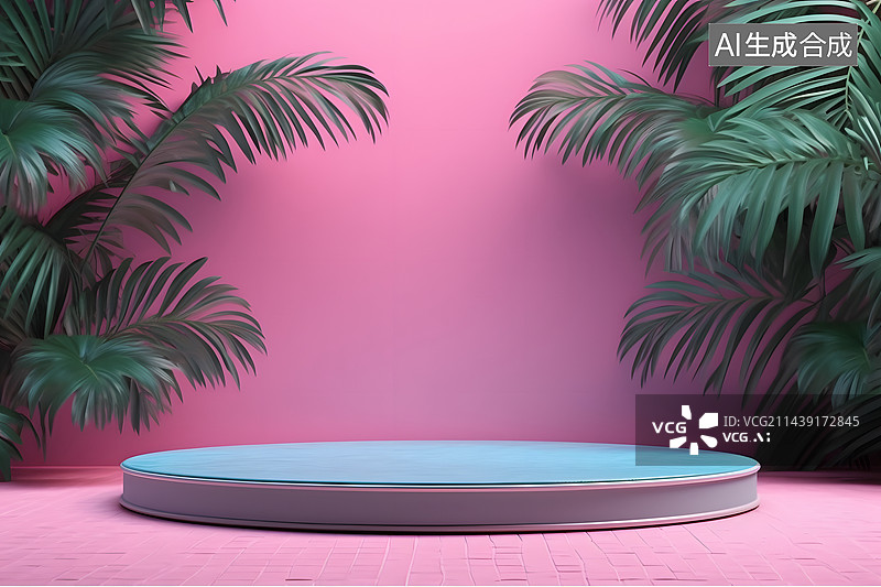 【AI数字艺术】3D展示台与绿色植物 3D渲染图片素材