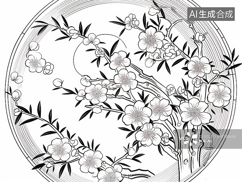 【AI数字艺术】梅花梅兰竹菊黑白线稿白描绘画图片素材