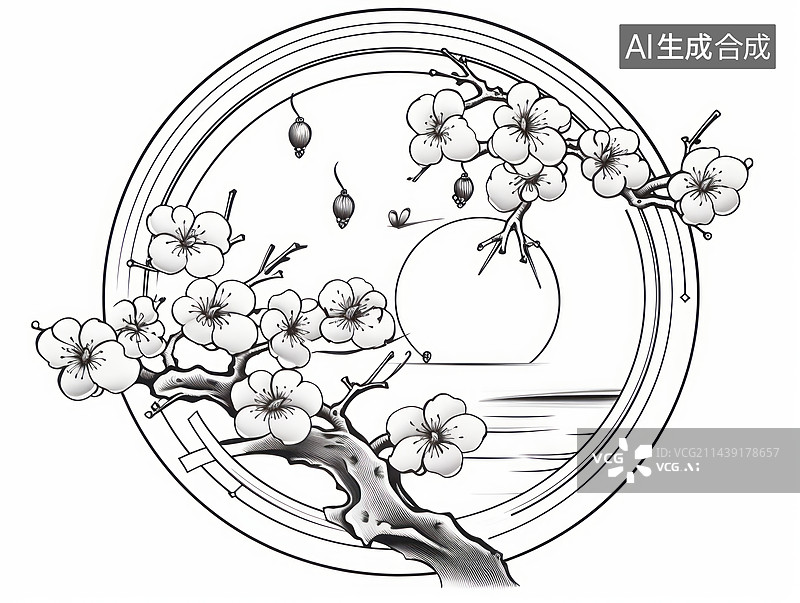 【AI数字艺术】梅花梅兰竹菊黑白线稿白描绘画图片素材