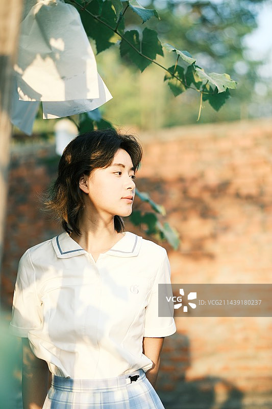 夕阳下的年轻中国女孩侧脸图片素材