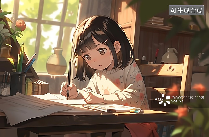 【AI数字艺术】可爱的小女孩在桌上认真地写作业画画图片素材