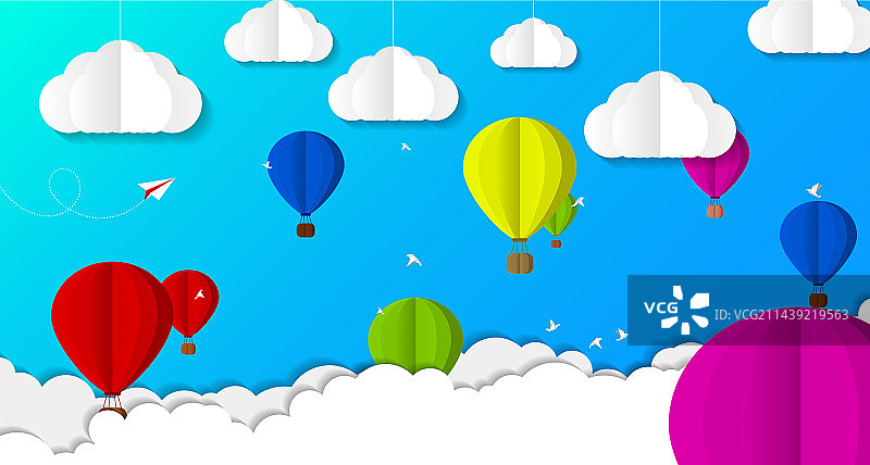 带有云朵的热气球剪纸艺术图片素材