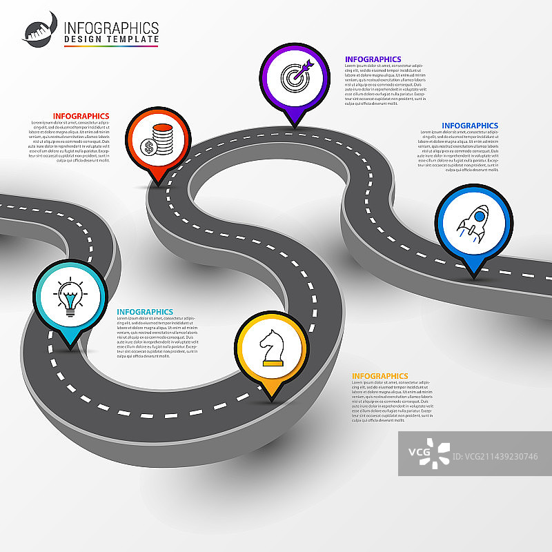 包含5个步骤的道路信息图设计模板图片素材