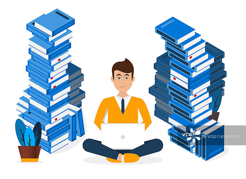 坐在书堆之间使用电脑的年轻男人图片素材