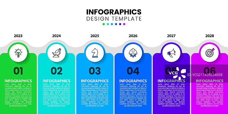 包含6个时间节点的水平时间轴信息图表模板图片素材